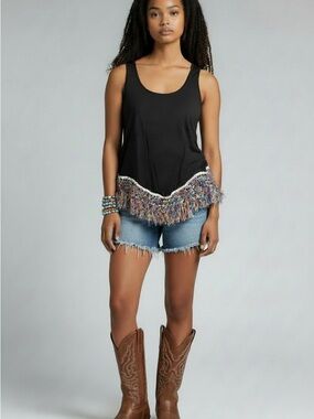 Pronto Moda Italian Tank Top with Multicolor Fringe Hem